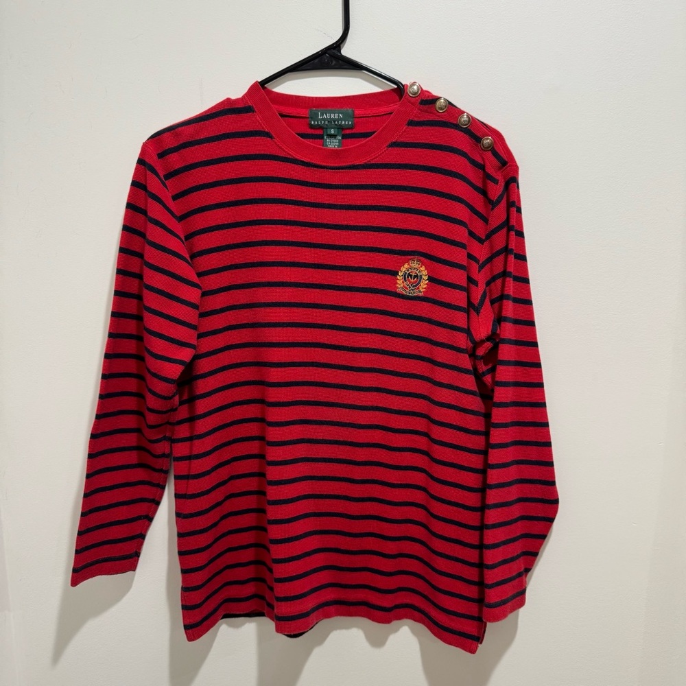 Lauren Ralph‎ Lauren Nautical Stripe Button-Shoulder Knit Top Size Small